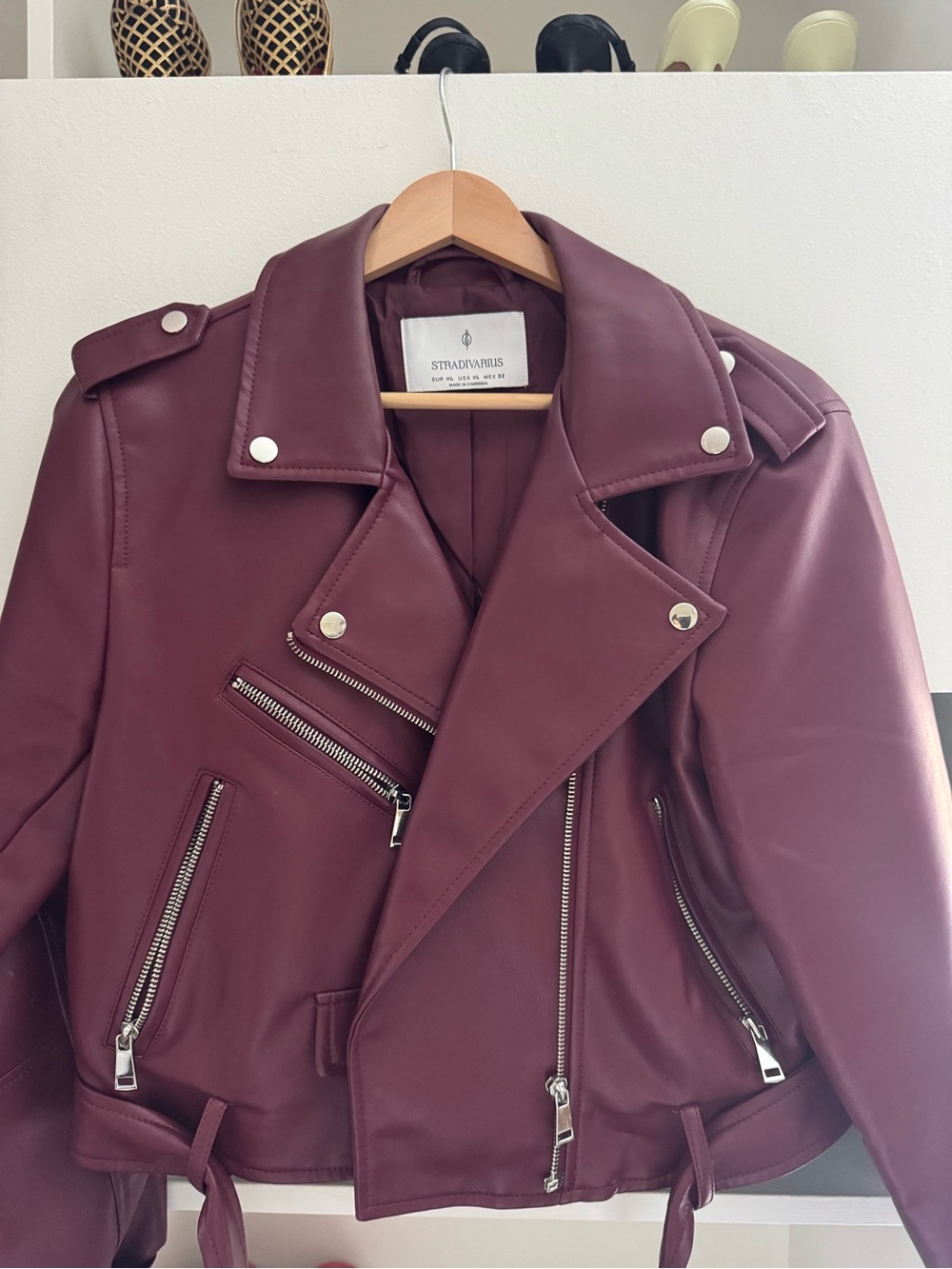 Stradivarius Wine Red Faux Leather Moto Jacket